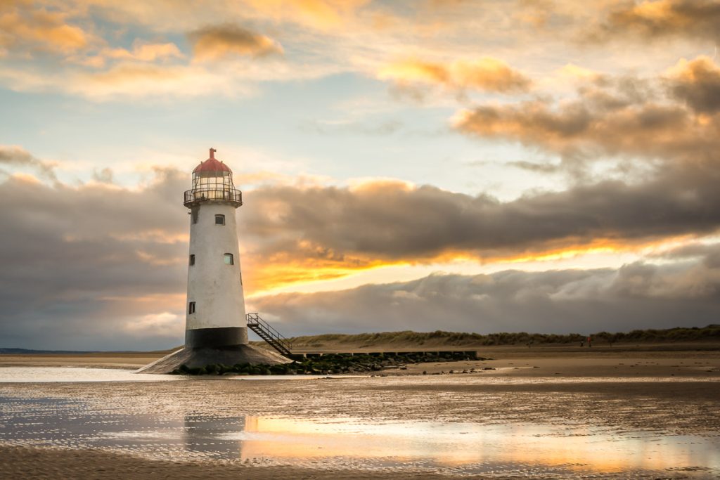 Point of Ayr Lighthouse bathed in golden light